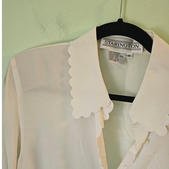 VINTAGE Starington 1980s 80s Twee Coquette White Blouse w/ Scallop Trim Size 10 - Picture 7 of 12